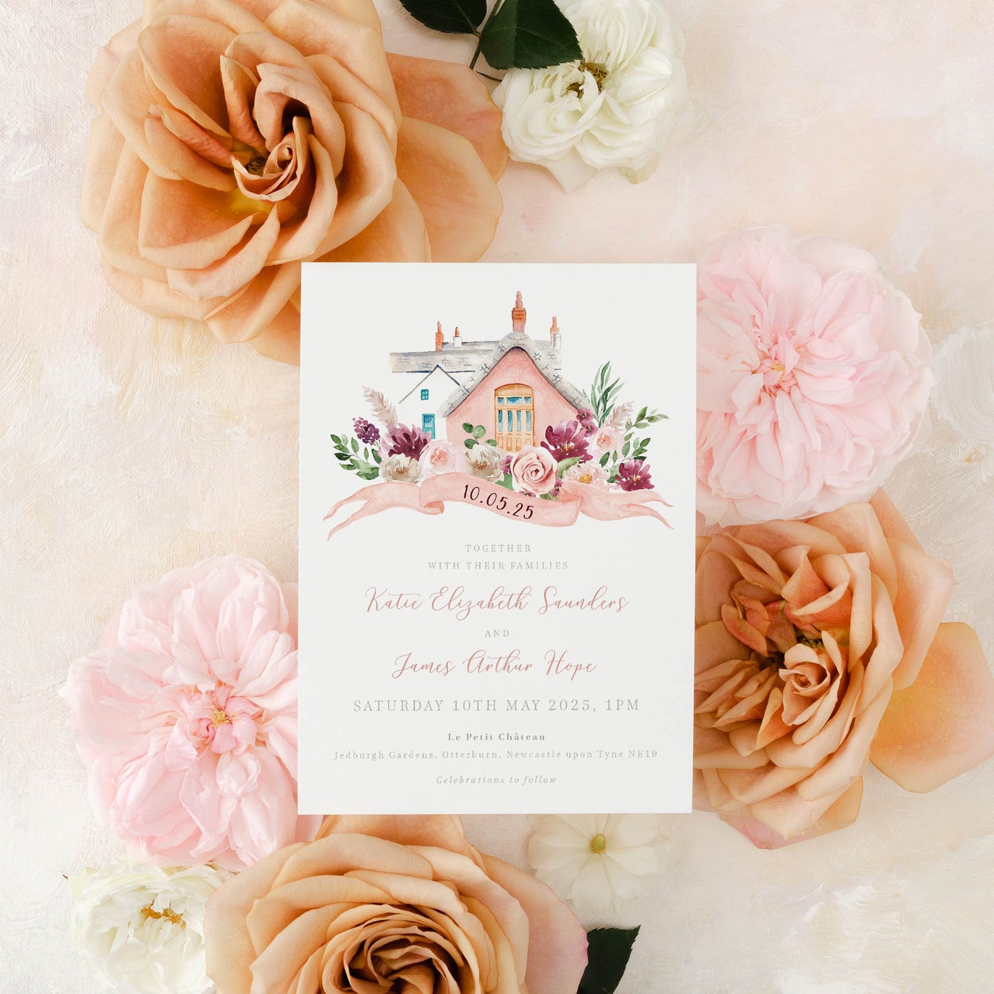 blush pink wedding invitation with watercolour venue illustration